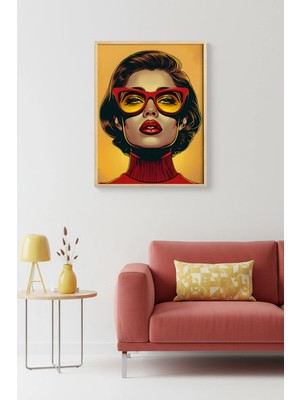 Huhuli Doğal Ahşap Çerçeveli Retro Portre Tablo - Kırmızı Pop Art | HUHU1975