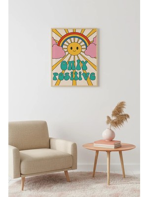 Huhuli Doğal Ahşap Çerçeveli Retro Tablo - Pop Art Pozitif Güneş Yağmurkuşağı | HUHU2618