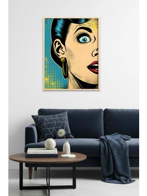 Huhuli Doğal Ahşap Çerçeveli Pop Art Portre Tablo - Retro Mavi-Sarı | HUHU1887