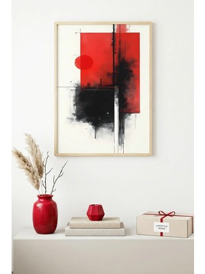 Huhuli Doğal Ahşap Çerçeveli Soyut Kırmızı ve Siyah Desenli Tablo - Minimal | HUHU1245