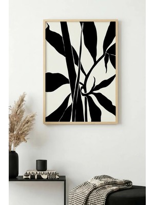 Huhuli Doğal Ahşap Çerçeveli Minimal Yaprak Desenli Tablo - Siyah-Beyaz | HUHU1324