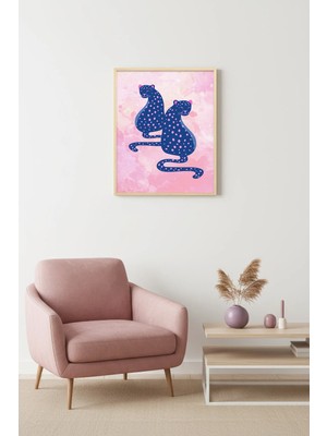 Huhuli Doğal Ahşap Çerçeveli Retro Kedi Tablo - Nokta Desenli Pop Art | HUHU2318