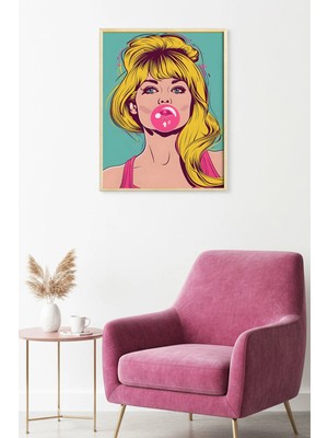 Huhuli Doğal Ahşap Çerçeveli Pop Art Desenli Tablo - Retro Kadın Portresi | HUHU1885