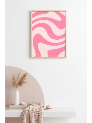 Huhuli Doğal Ahşap Çerçeveli Retro Soyut Dalga Desenli Tablo - Pastel Pembe | HUHU2639