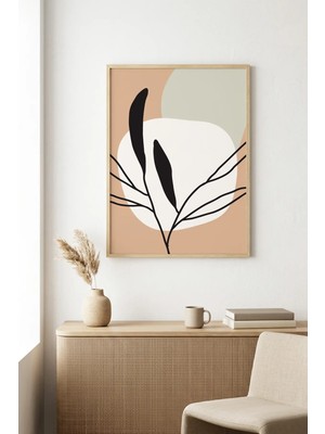 Huhuli Doğal Ahşap Çerçeveli Minimal Yaprak Desenli Tablo - Pastel Tonlar | HUHU1182