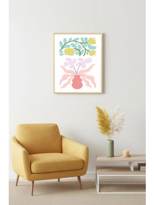 Huhuli Doğal Ahşap Çerçeveli Retro Çiçek Tablo - Pastel Botanik Buket Desen | HUHU2271