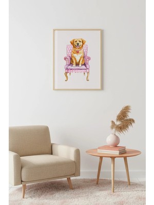 Huhuli Doğal Ahşap Çerçeveli Golden Retriever Köpek Tablo - Retro Hayvan Portresi | HUHU2596