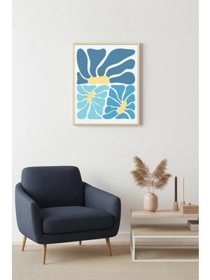 Huhuli Doğal Ahşap Çerçeveli Abstract Mavi Tablo - Organik Retro Desenler | HUHU2721