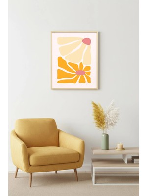 Huhuli Doğal Ahşap Çerçeveli Retro Tablo - Soyut Çiçek Pop Art | HUHU2254