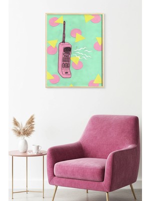 Huhuli Doğal Ahşap Çerçeveli Pop Art Telefon Çizimi Tablo - Pembe Tonlar | HUHU1799