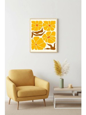 Huhuli Doğal Ahşap Çerçeveli Retro Floral Tablo - Canlı Sarı Çiçek Desenli | HUHU2668