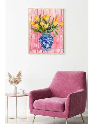 Huhuli Doğal Ahşap Çerçeveli Sarı Tulip Desenli Tablo - Mavi Beyaz Klasik | HUHU1802