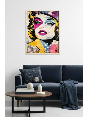 Huhuli Doğal Ahşap Çerçeveli Grafik Desenli Tablo - Pembe-Mavi Pop Art | HUHU1990