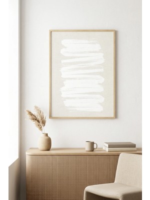 Huhuli Doğal Ahşap Çerçeveli Minimal Beyaz Fırça Desenli Tablo - Pastel | HUHU1069