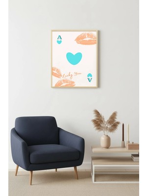 Huhuli Doğal Ahşap Çerçeveli Romantik Pop Art Tablo - Kalp ve Dudak Izi Desenli | HUHU2410