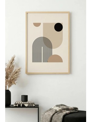 Huhuli Doğal Ahşap Çerçeveli Geometrik Desenli Tablo - Minimal Tonlar | HUHU1140
