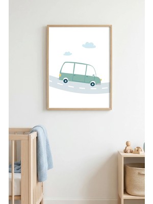 Huhuli Doğal Ahşap Çerçeveli Minimal Araba Desenli Tablo - Pastel Tonlar | HUHU1573