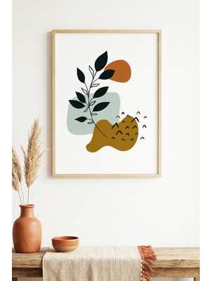 Huhuli Doğal Ahşap Çerçeveli Minimal Yaprak Desenli Tablo - Canlı Tonlar | HUHU1619