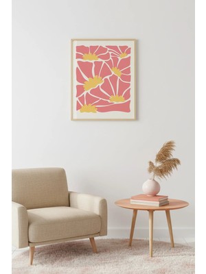 Huhuli Doğal Ahşap Çerçeveli Retro Tablo - Pembe Tonlarda Soyut Çiçek Desenli | HUHU2650