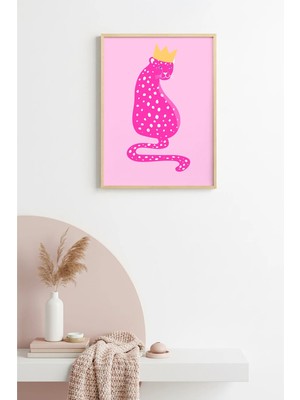 Huhuli Doğal Ahşap Çerçeveli Retro Kedi Tablo - Pembe Nokta Desenli Prenses | HUHU2333