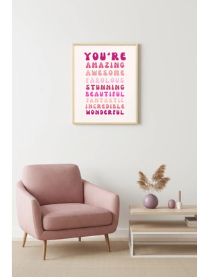 Huhuli Doğal Ahşap Çerçeveli Retro Tipografi Tablo - Pembe Kelimelerle Pozitif Mesaj | HUHU2437