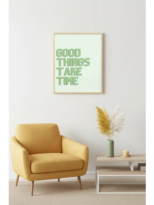 Huhuli Doğal Ahşap Çerçeveli Retro Tablo - Good Things Take Time Yazı Sanatı | HUHU2091