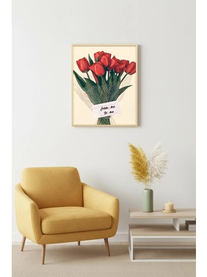 Huhuli Doğal Ahşap Çerçeveli Retro Tablo - Kırmızı Lale Çiçek Desenli | HUHU2795