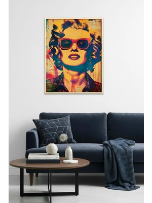Huhuli Doğal Ahşap Çerçeveli Pop Art Portre Tablo - Canlı Turuncu Tonlar | HUHU1966