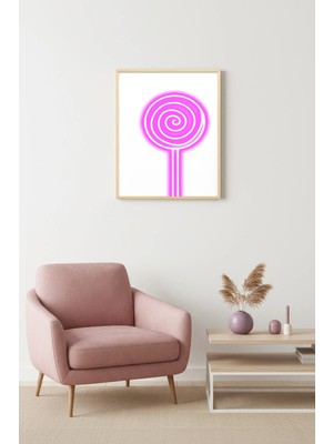 Huhuli Doğal Ahşap Çerçeveli Retro Pop Art Tablo - Pembe Lollipop Desenli | HUHU2791