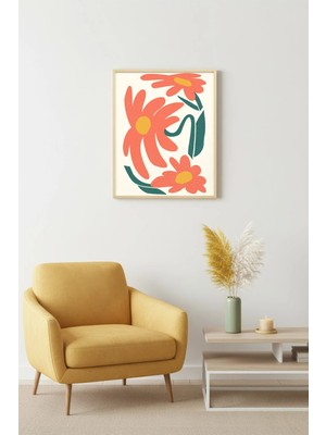 Huhuli Doğal Ahşap Çerçeveli Retro Floral Tablo - Turuncu Çiçek Desenli | HUHU2551