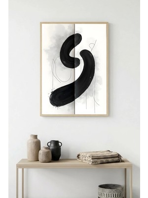 Huhuli Doğal Ahşap Çerçeveli Soyut Siyah Desenli Tablo - Minimal | HUHU1244