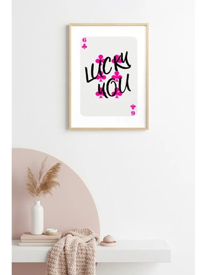 Huhuli Doğal Ahşap Çerçeveli Retro Tablo - Pembe Kaligrafi Lucky You Duvar Dekoru | HUHU2628