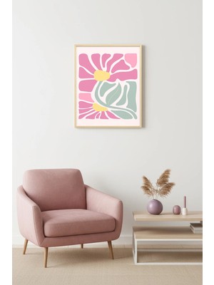 Huhuli Doğal Ahşap Çerçeveli Retro Çiçek Desenli Tablo - Pastel Pembe Floral | HUHU2761