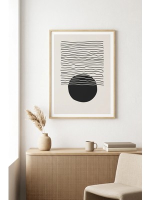 Huhuli Doğal Ahşap Çerçeveli Minimal Geometrik Desenli Tablo - Siyah-Beyaz | HUHU1035
