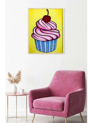 Huhuli Doğal Ahşap Çerçeveli Tatlı Cupcake Desenli Tablo - Pembe Kırmızı | HUHU1967