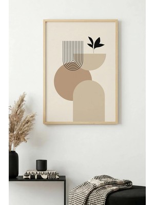 Huhuli Doğal Ahşap Çerçeveli Minimal Geometrik Desenli Tablo - Bej Tonları | HUHU1145