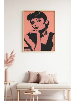 Huhuli Doğal Ahşap Çerçeveli Portre Tablo - Retro Siyah Pembe Çizim | HUHU2013