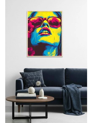 Huhuli Doğal Ahşap Çerçeveli Pop Art Portre Tablo - Canlı Sarı-Pembe Tonlar | HUHU1986