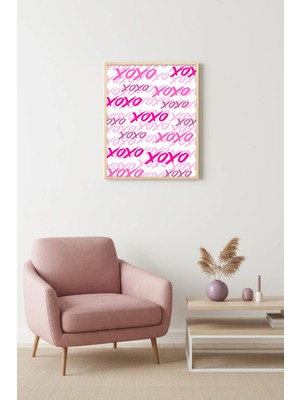 Huhuli Doğal Ahşap Çerçeveli Retro Soyut Tablo - Pembe Xoxo Desenli | HUHU2666