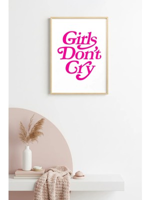 Huhuli Doğal Ahşap Çerçeveli Retro Tablo - Girls Don't Cry Yazılı Pembe Tipografi | HUHU2732