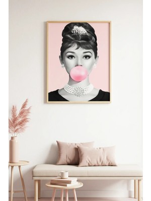 Huhuli Doğal Ahşap Çerçeveli Minimal Desenli Tablo - Pembe-Beyaz | HUHU1777