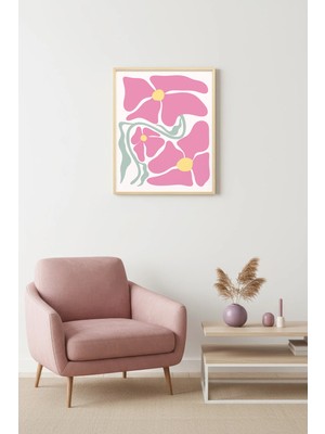 Huhuli Doğal Ahşap Çerçeveli Retro Çiçek Desenli Tablo - Pastel Pembe Floral | HUHU2776