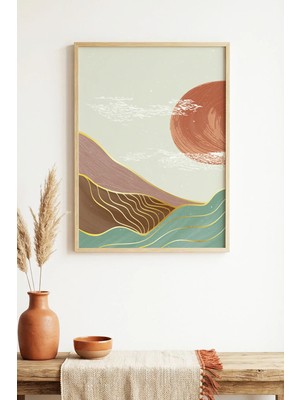 Huhuli Doğal Ahşap Çerçeveli Soyut Manzara Desenli Tablo - Pastel Tonlar | HUHU1580