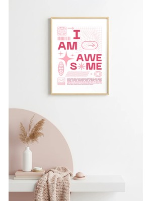 Huhuli Doğal Ahşap Çerçeveli Retro Typografi Tablo - I Am Awesome Yazılı Motivasyonel | HUHU2475