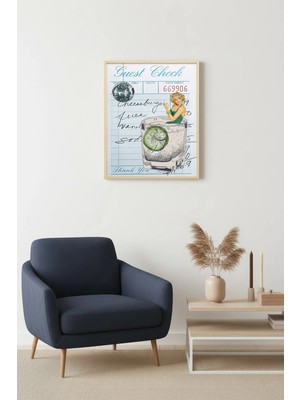 Huhuli Doğal Ahşap Çerçeveli Retro Tablo - Yaz Cocktail Çizimi | HUHU2205