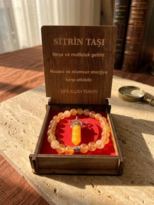 Meneva Aksesuar Sitrin Doğal Taş Ahşap Kutulu Kolye, Bileklik Seti