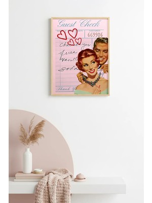Huhuli Doğal Ahşap Çerçeveli Retro Tablo - Vintage Romantik Pop Art Çifti | HUHU2293
