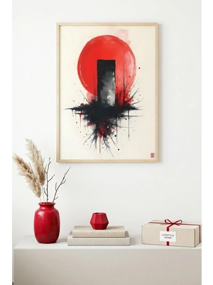 Huhuli Doğal Ahşap Çerçeveli Soyut Minimalist Tablo - Kırmızı-Siyah | HUHU1242