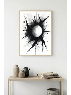 Huhuli Doğal Ahşap Çerçeveli Soyut Siyah-Beyaz Desenli Tablo - Minimal | HUHU1184