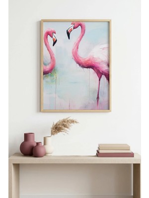 Huhuli Doğal Ahşap Çerçeveli Flamingo Desenli Tablo - Pastel Tonlar | HUHU1303